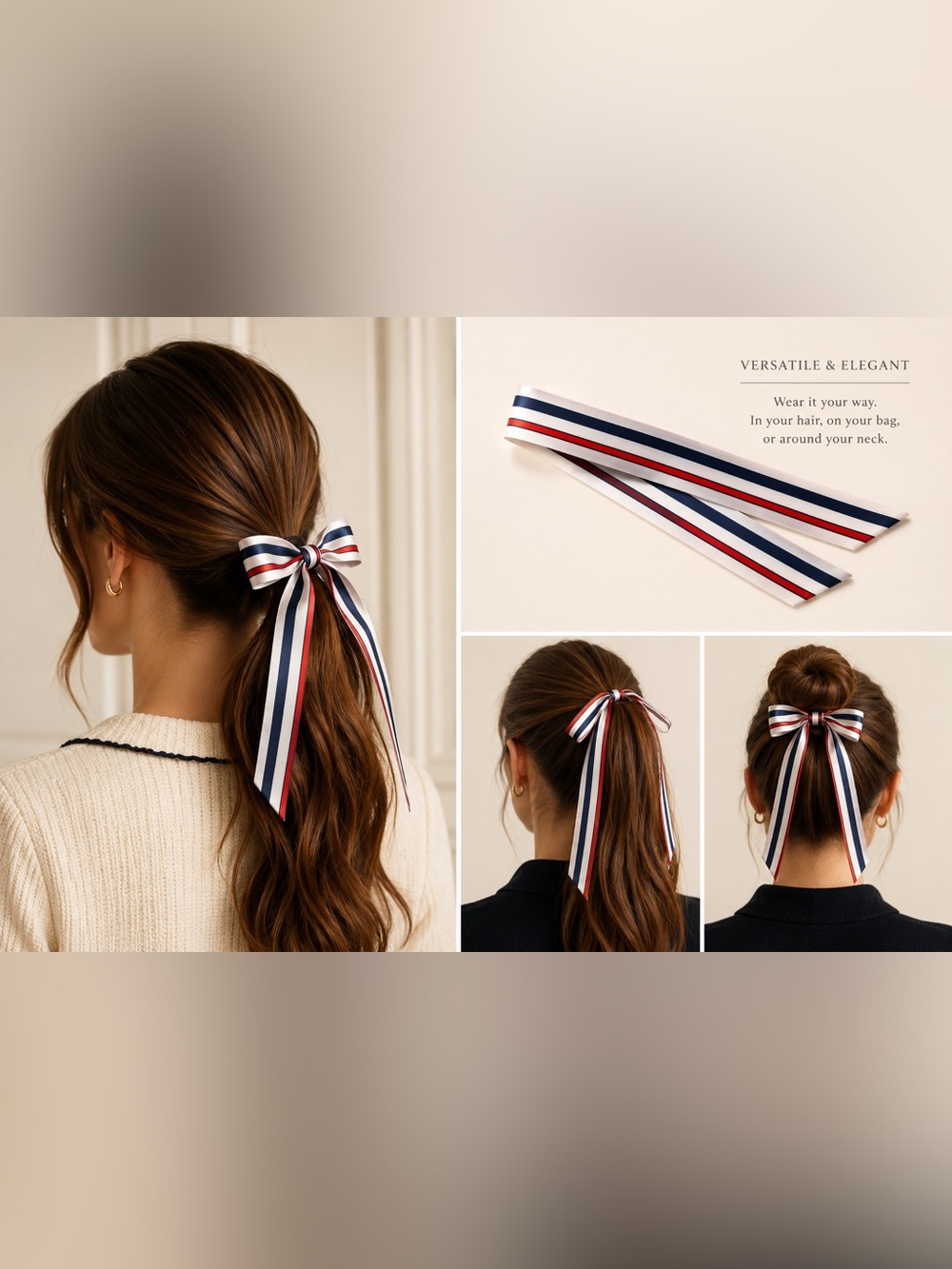 Satin Hair Scarf Ribbon Stripe Bow • MEMORIAL DAY! 4th of July! NWOT - Picture 3 of 3